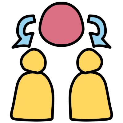Two light blue arrows point from a dark pink circle-ish shape to two yellow figures.